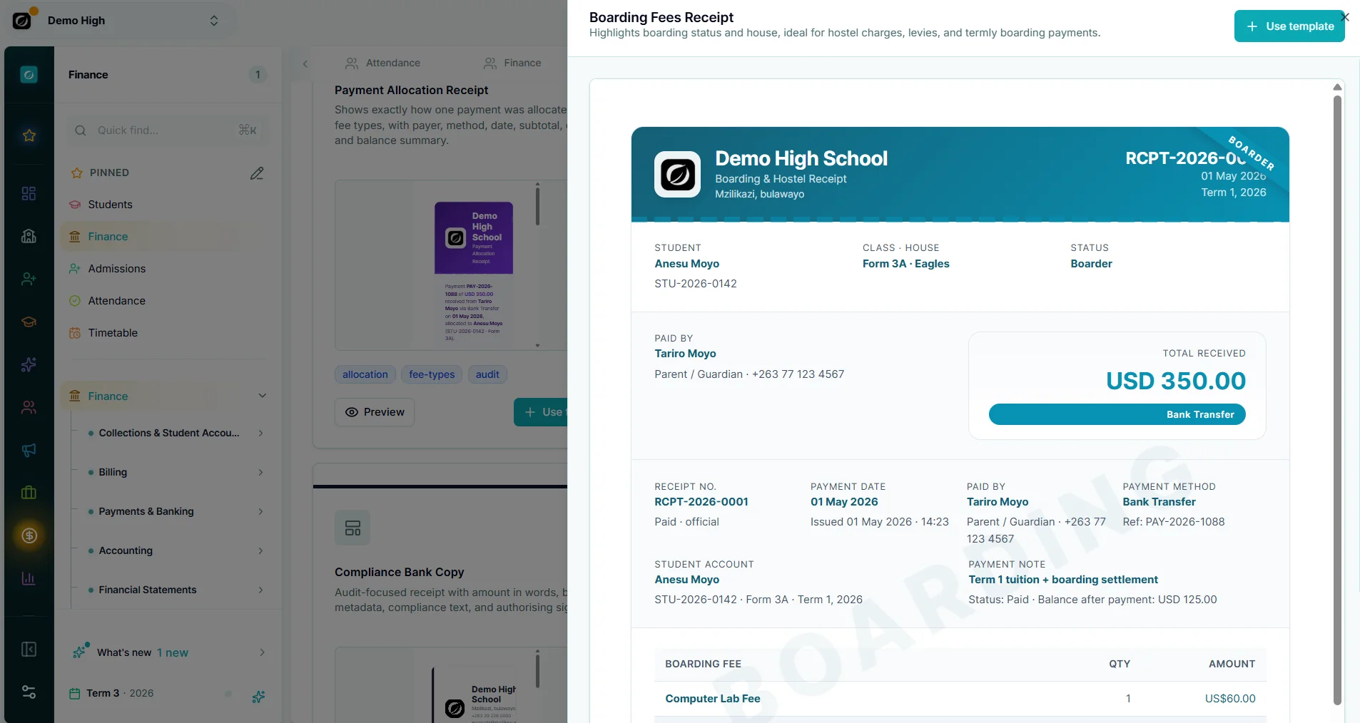 Receipts — Makronexus product screen