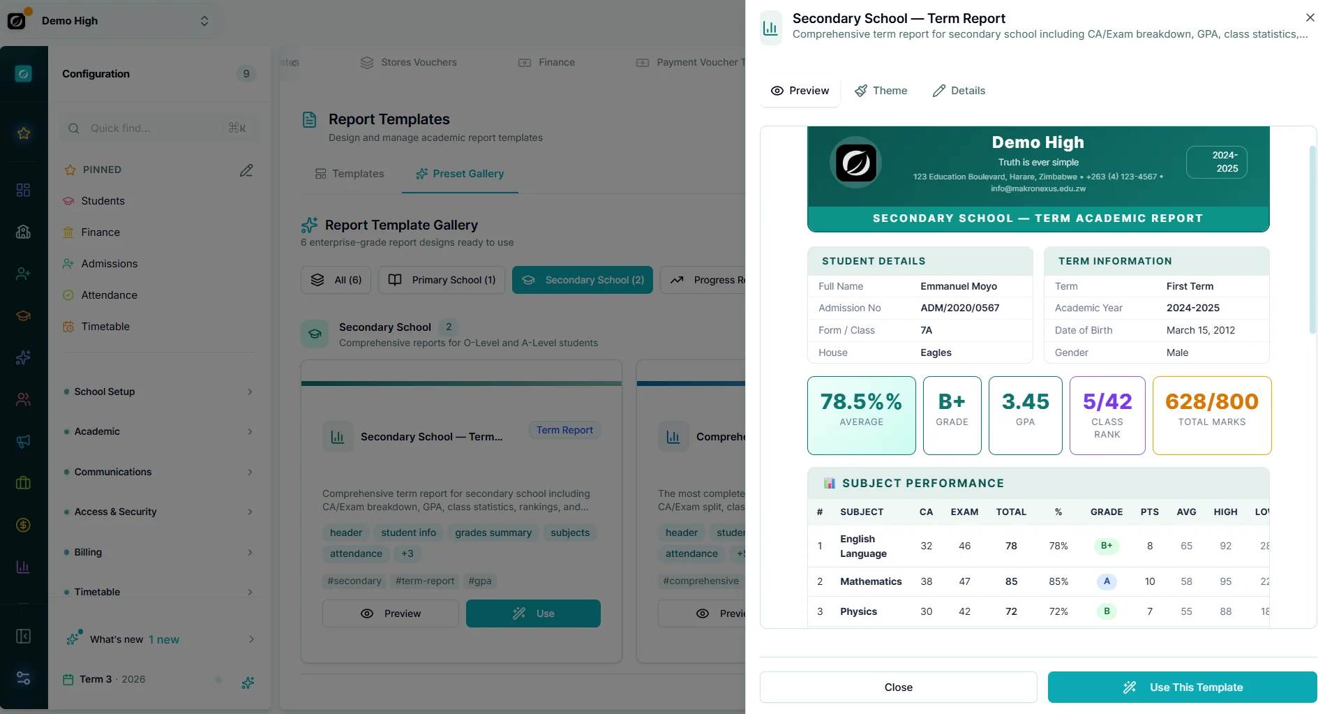 Academic reports — Makronexus product screen