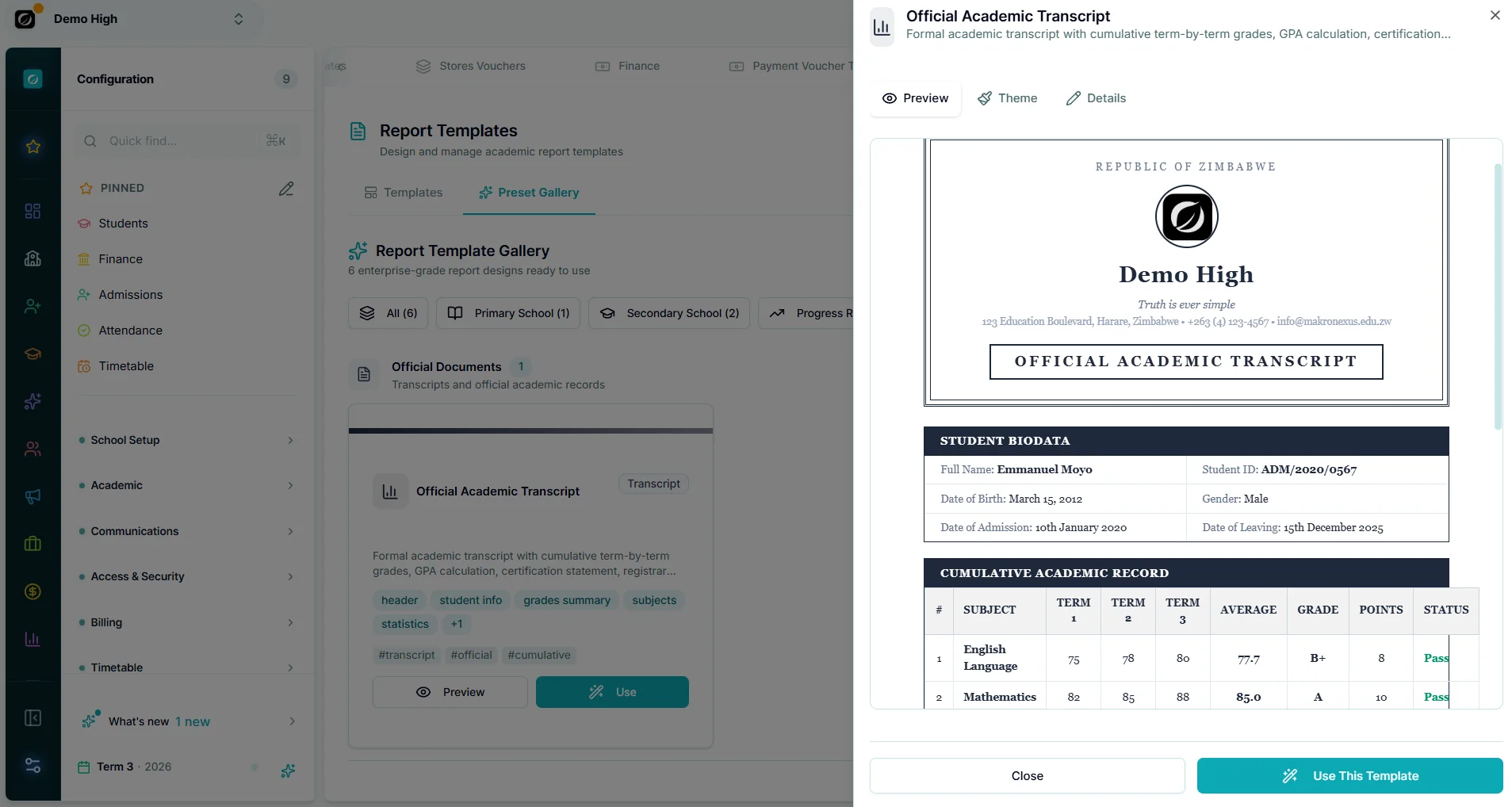Academic reports — Makronexus product screen